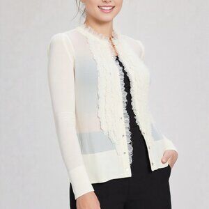 TRIBAL Ruffled Button Down Knit Cardigan Sweater Ivory Cream Soft Stretch